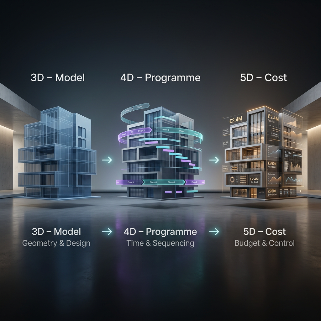 Simple diagram showing 3D model, 4D programme and 5D cost linked in a flow
