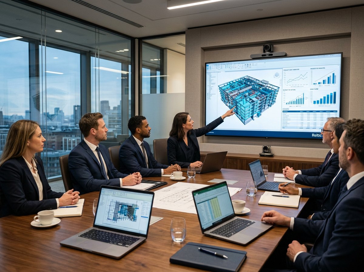 Project team and capital partners in meeting room viewing BIM model and cost charts on large screen