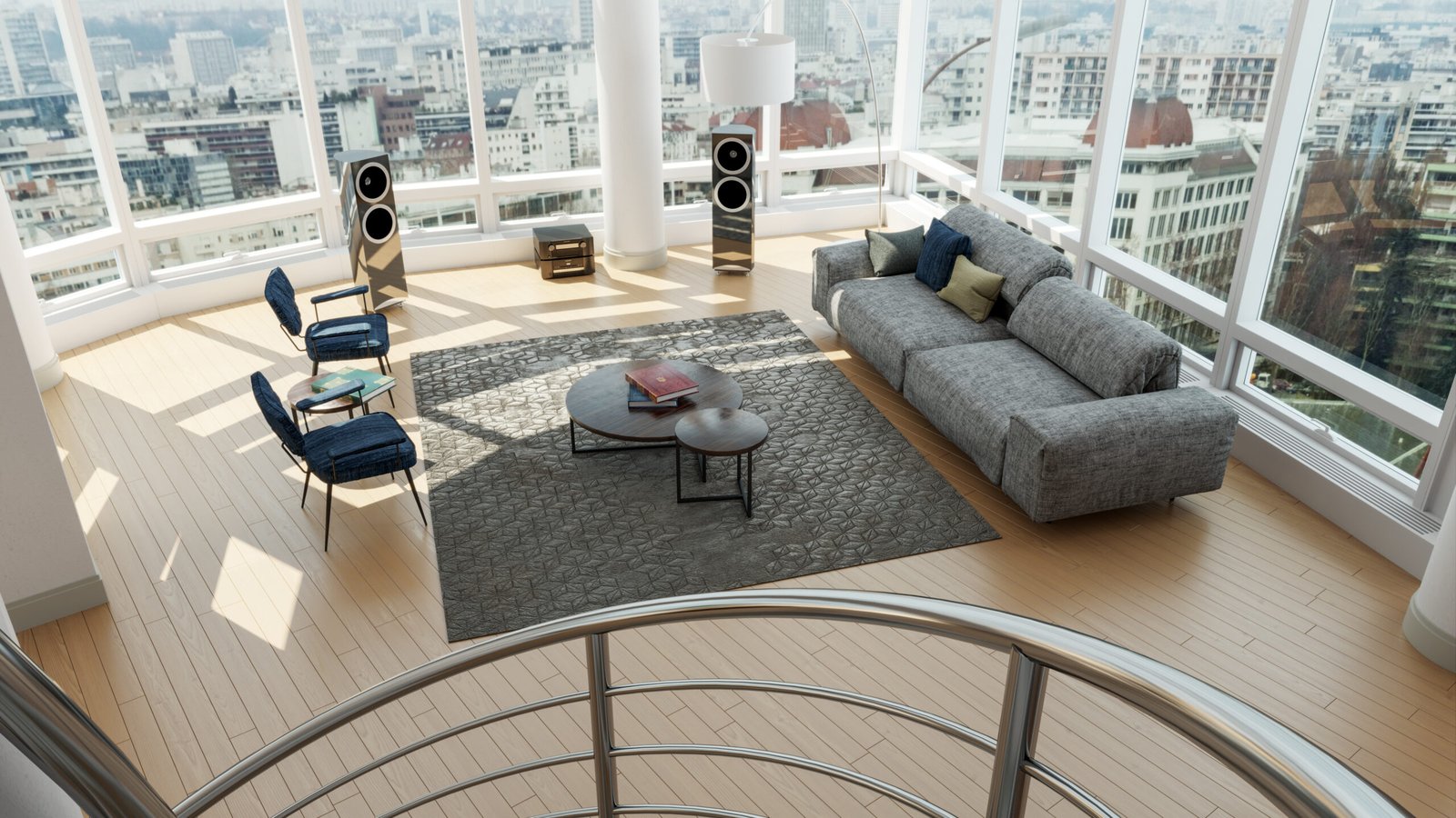 Prime UK residential penthouse interior with city view and subtle BIM building overlay