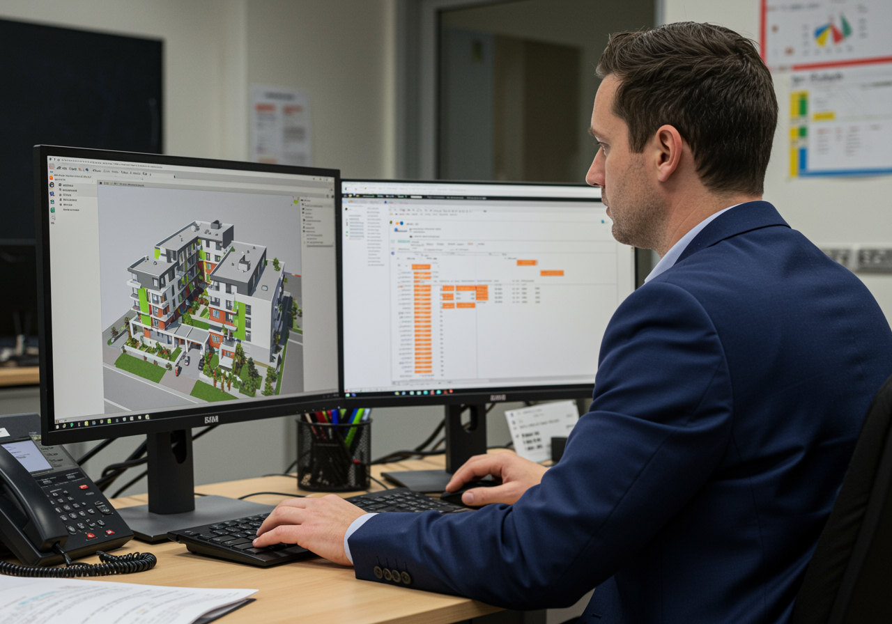 Construction cost consultant identifying quantity discrepancies between BIM model and cost data on a UK project