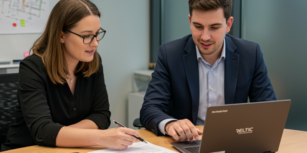 Independent construction consultant and developer reviewing JCT contract terms together in a UK office