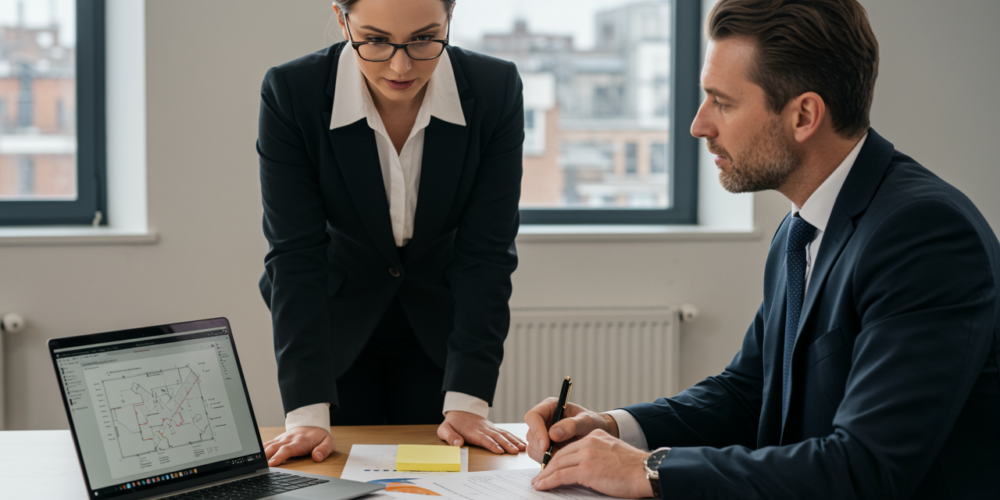 Independent quantity surveyor presenting construction cost plan to property developer in a UK office meeting