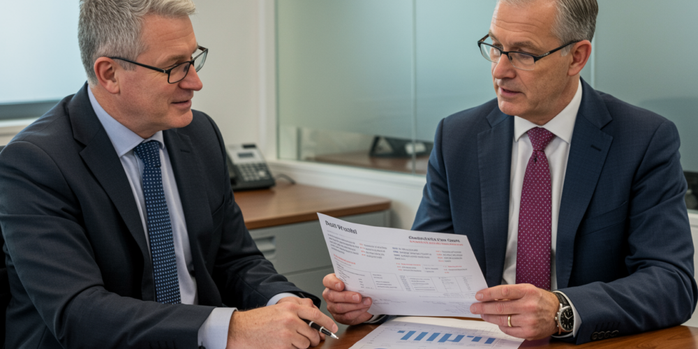 Property developer meeting with independent construction cost consultant to review project cost plan in a UK office