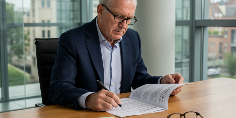 Independent construction cost consultant reviewing JCT contract terms before signing on a UK development project