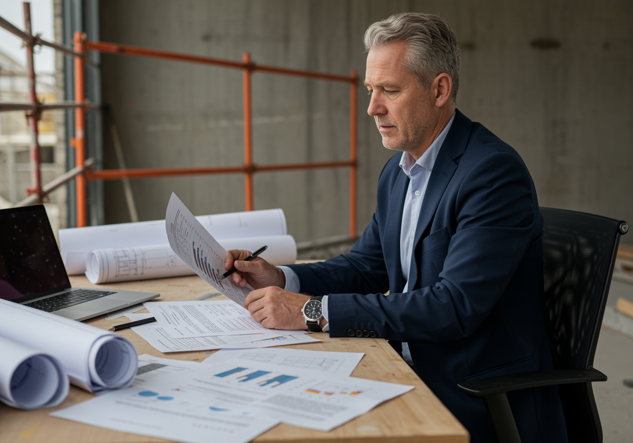 Independent construction cost consultant reviewing cost reports on a UK construction site