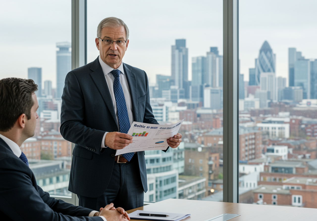 Senior construction cost consultant presenting independent quantity validation findings to a client in a UK office