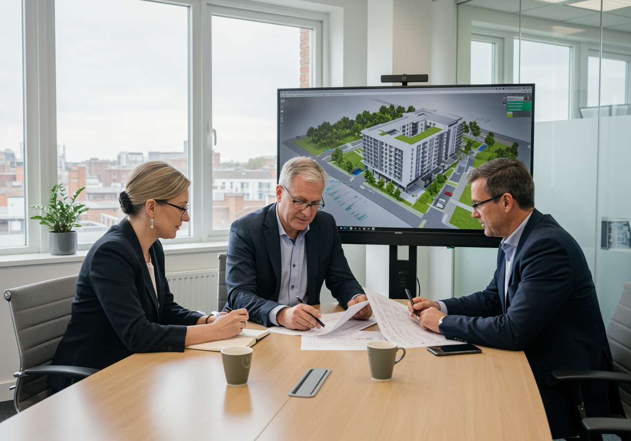 Construction consultancy team reviewing BIM model and cost report in a UK office meeting