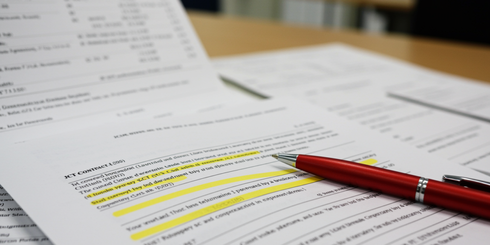 JCT contract clauses under review during independent commercial assessment on a UK construction project