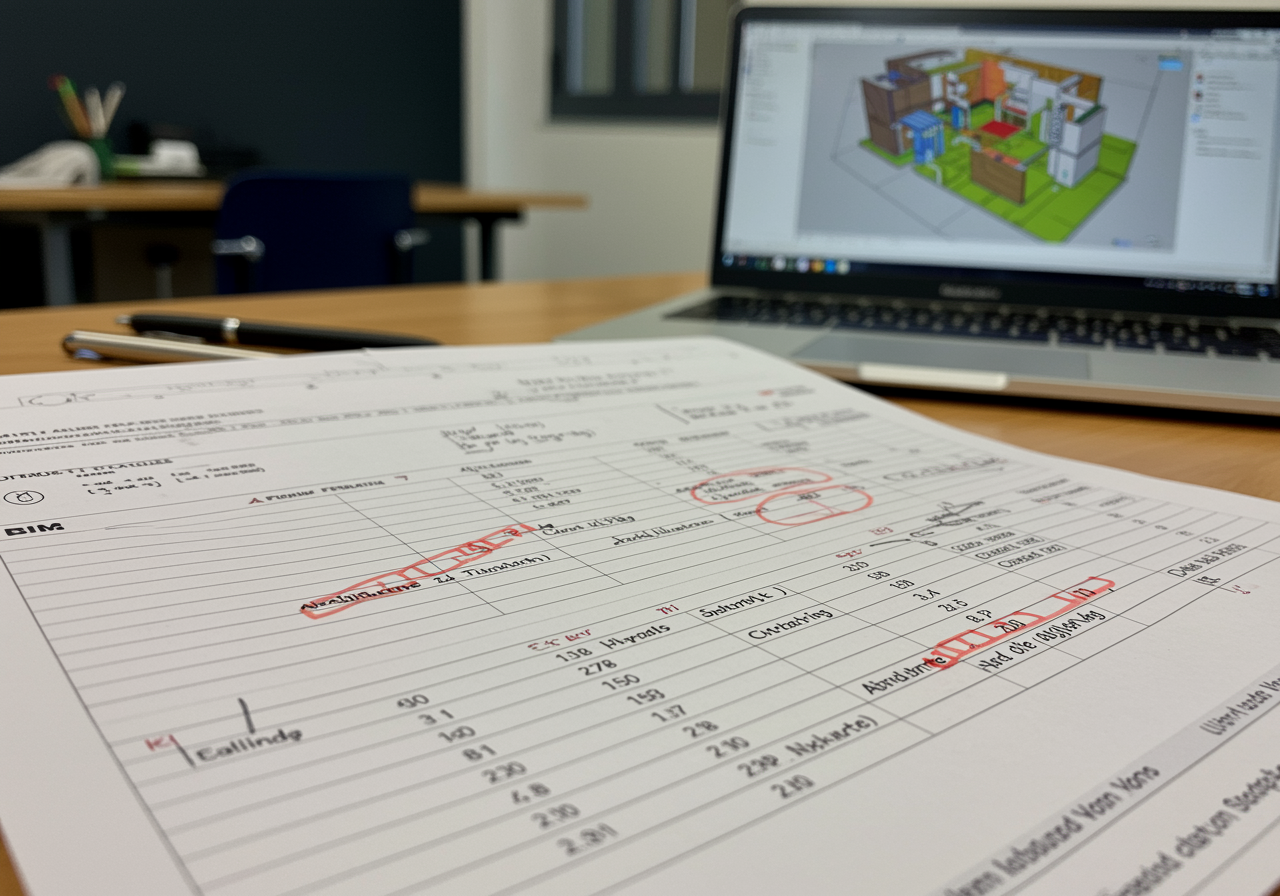 Contractor BIM take-off schedule under independent review with quantity discrepancies marked on a UK project