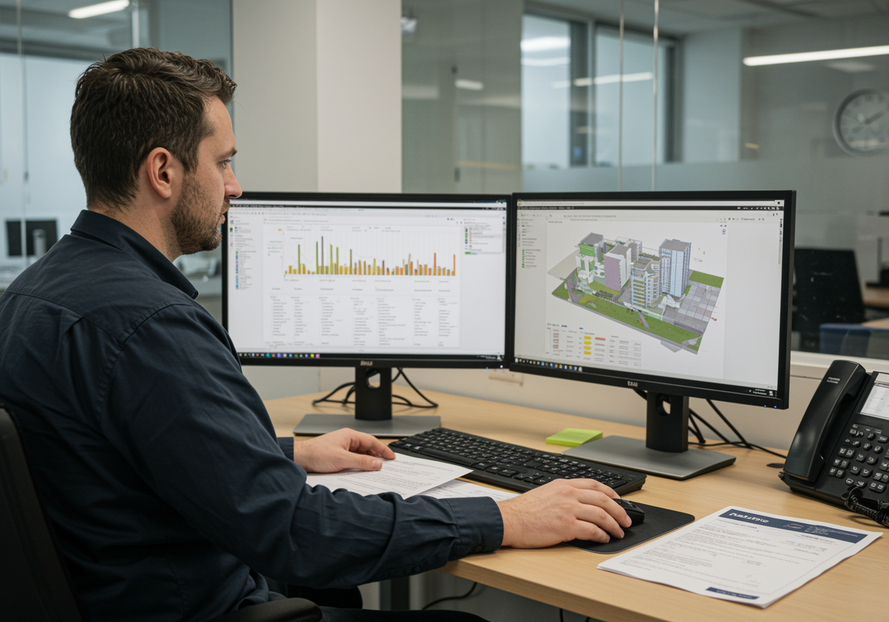 Quantity surveyor reviewing BIM model and construction cost data on dual screens in a UK office