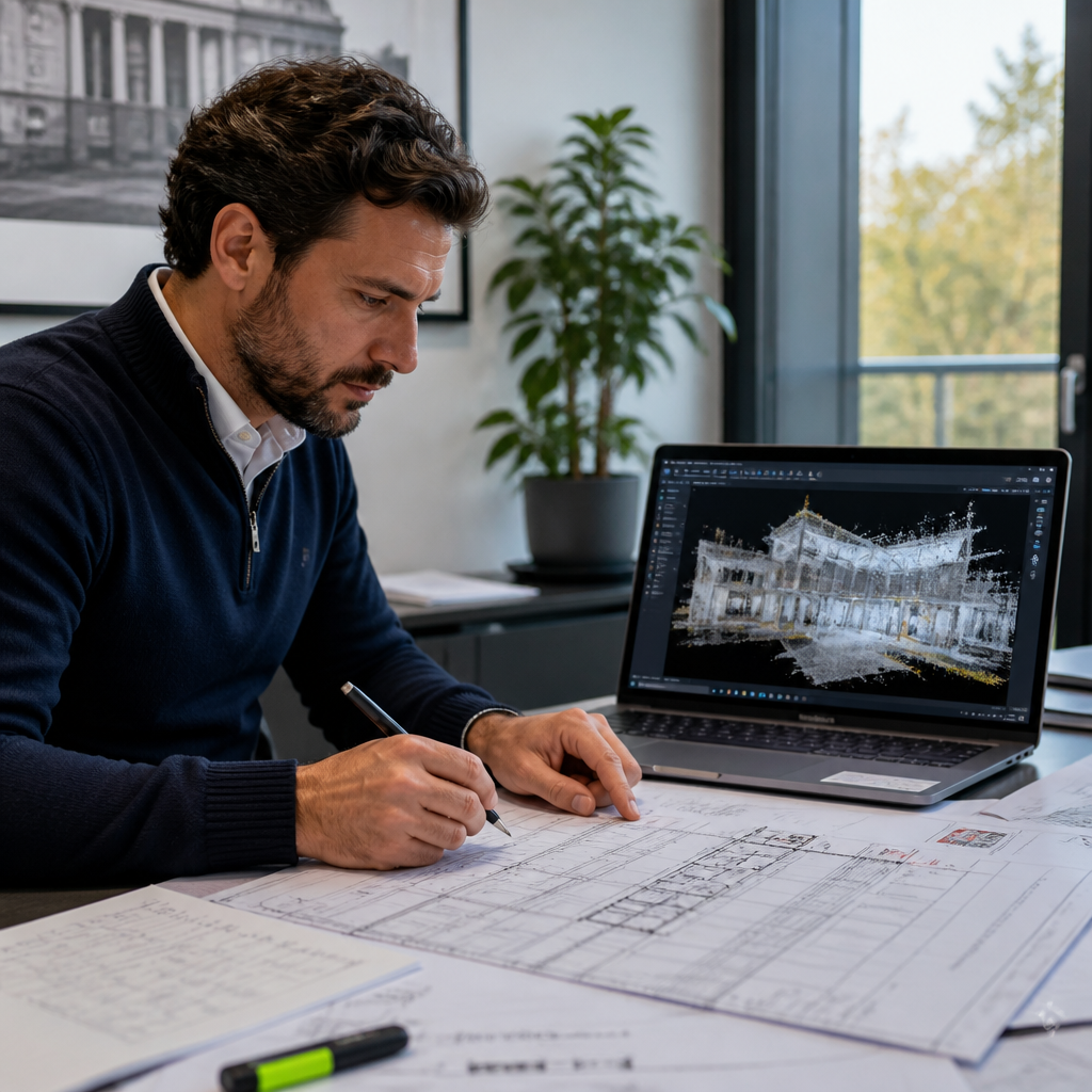 Independent quantity surveyor reviewing refurbishment survey data and structural drawings