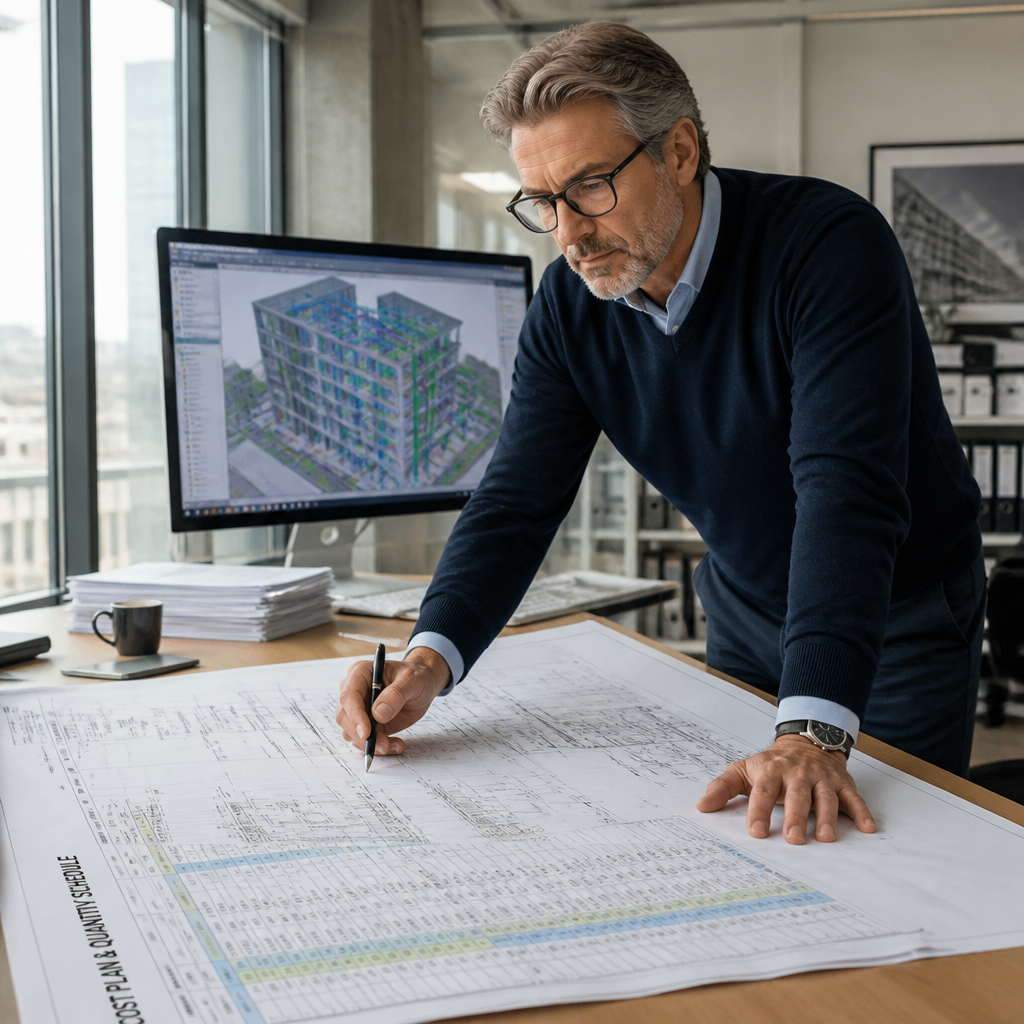 Independent construction cost consultant reviewing quantity schedule and cost plan documents