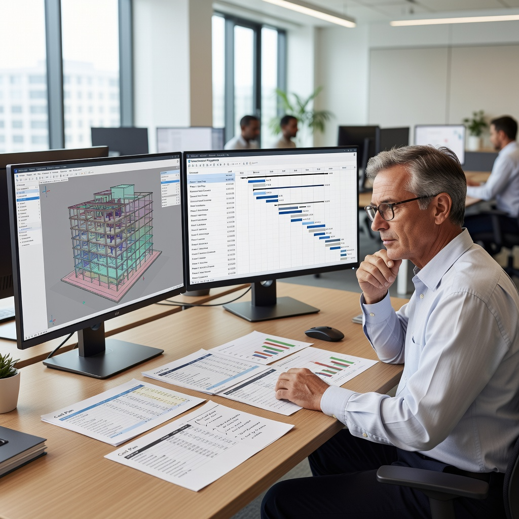 Independent quantity surveyor reviewing construction programme and cost plan on screen