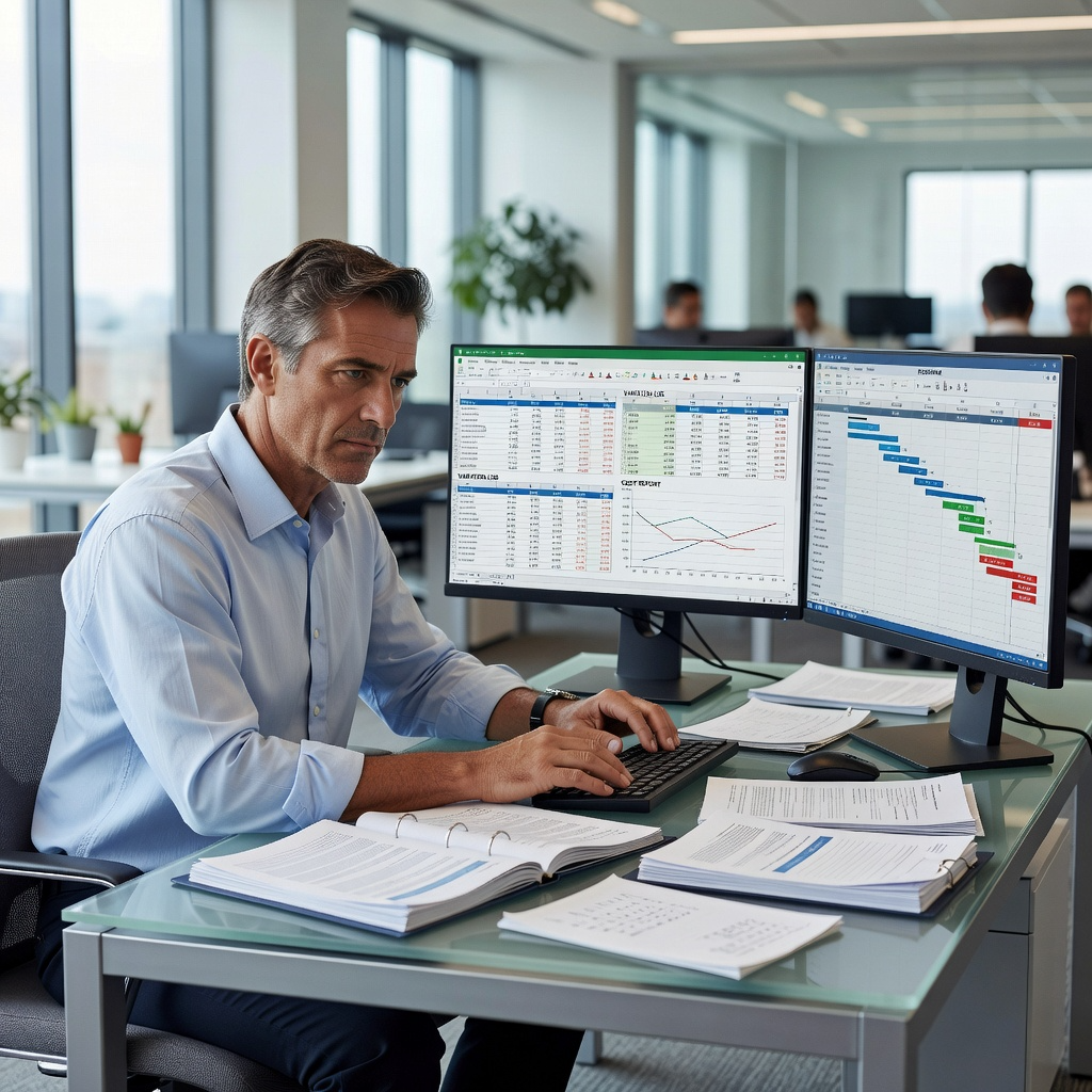Independent quantity surveyor reviewing variation log and commercial exposure on mixed-use scheme
