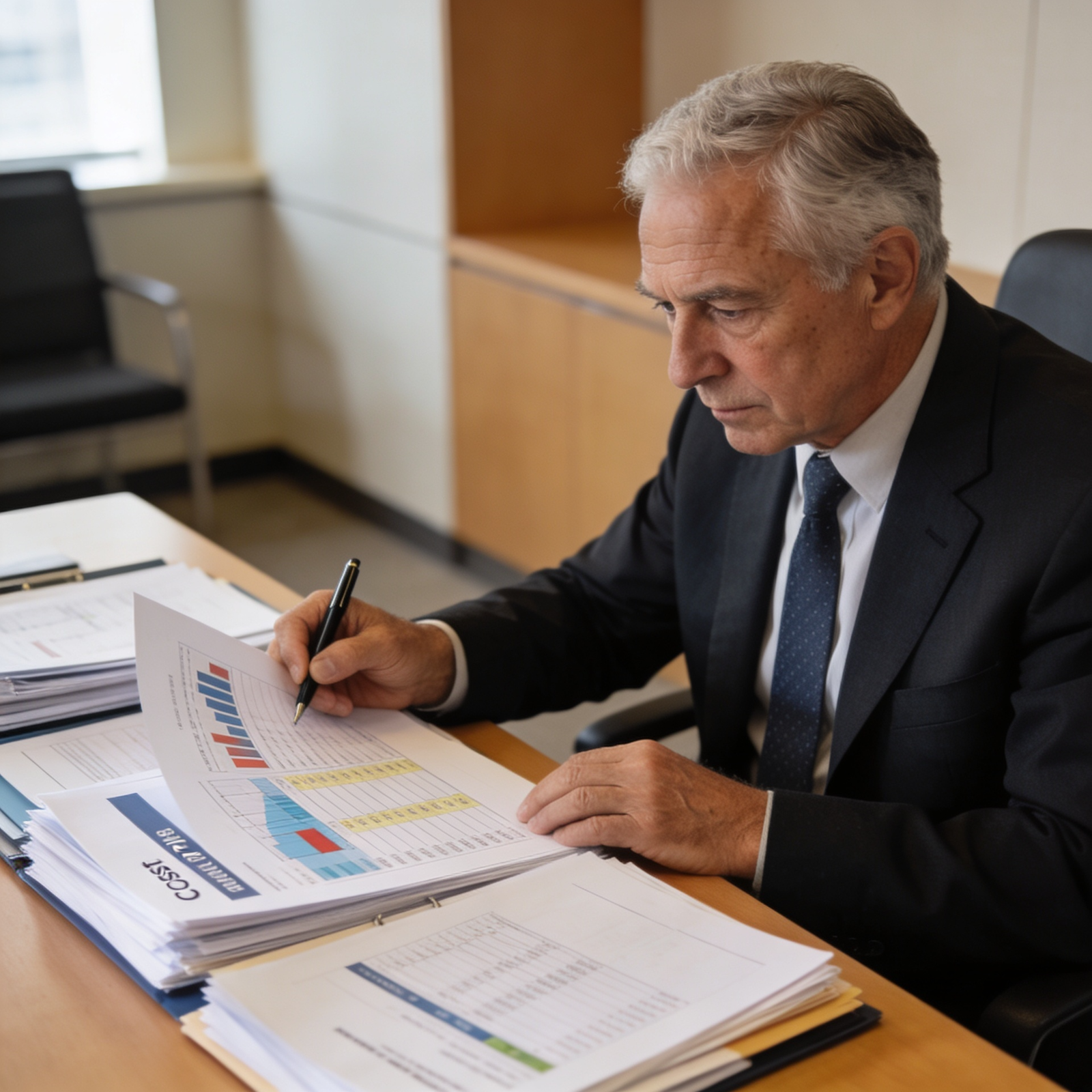 Independent quantity surveyor reviewing contractor valuation and cost plan documents
