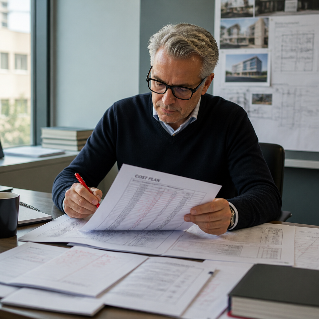 Independent quantity surveyor auditing and annotating construction cost plan documents