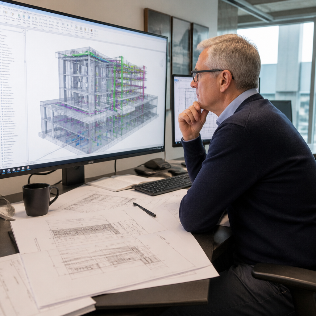 Independent quantity surveyor reviewing BIM model and construction drawings at desk