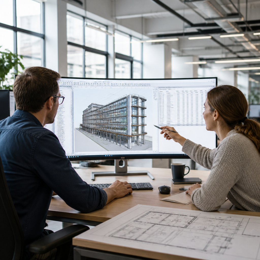 Reltic construction cost consultants reviewing BIM model and quantity data on large monitor