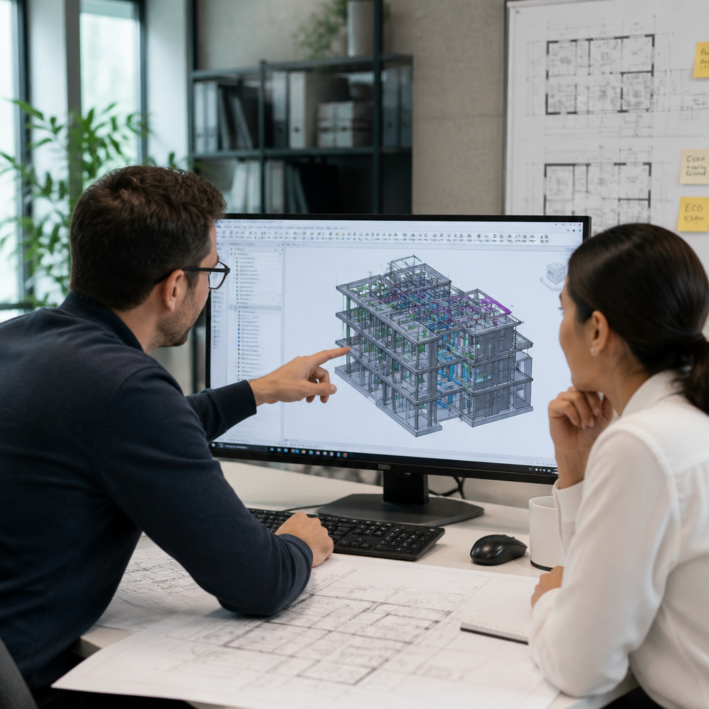 Construction cost consultants reviewing BIM model elements against residential drawings